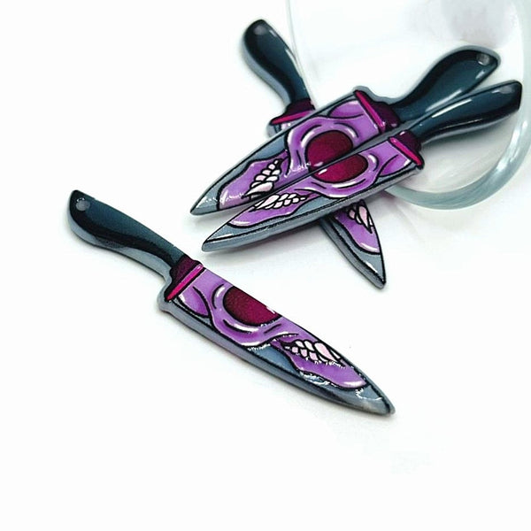 1, 4 or 20 Pieces: Black and Pink Knife with Skull Face Halloween Charms - Double Sided