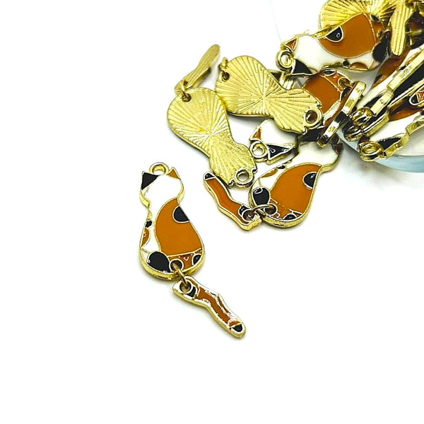4, 20 or 50 Pieces: Enamel Calico Cat with Hanging Tail Charms
