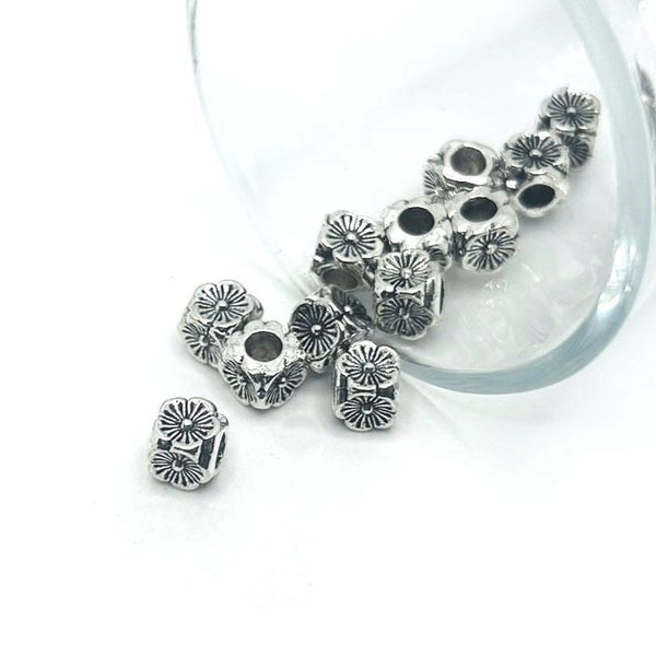 4, 20 or 50 Pieces: Antique Silver Square Flower Spacer Beads, 6x6mm - Double Sided