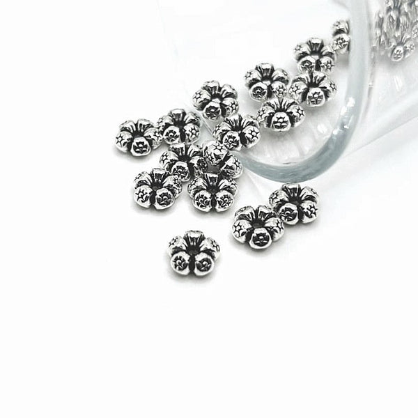 4, 20 or 50 Pieces: Round Silver Flower Spacer Charm Beads - Double Sided