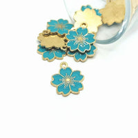 4, 20 or 50 Pieces: Aqua Blue and Gold Cherry Blossom Flower Charms