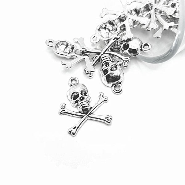 4, 20 or 50 Pieces: Skull and Cross Bones Silver Pirate Charms, 21x24mm