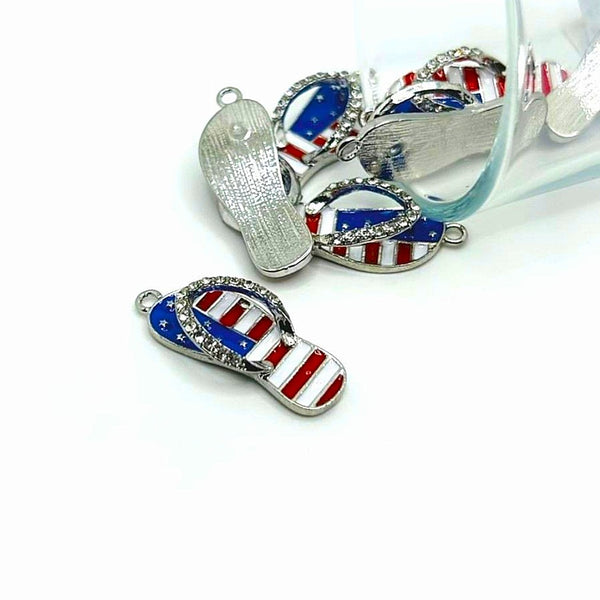4, 20 or 50 Pieces: Red White and Blue Enamel Flip Flop Sandal 3D Charms with Rhinestones