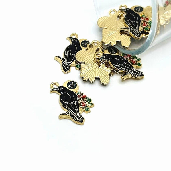 1, 4, 20 or 50 Pieces: Black Enamel Raven with Rose Charms