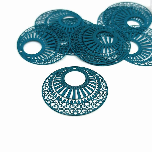 4 or 20 Pieces: Blue Pressed Metal Round Filigree Pendants - Double Sided