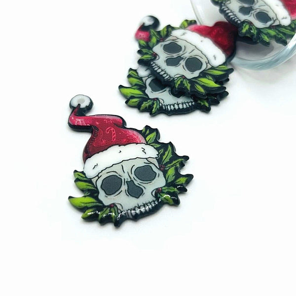1, 4 or 20 Pieces: Creepy Christmas Skull with Santa Hat Charms - Double Sided