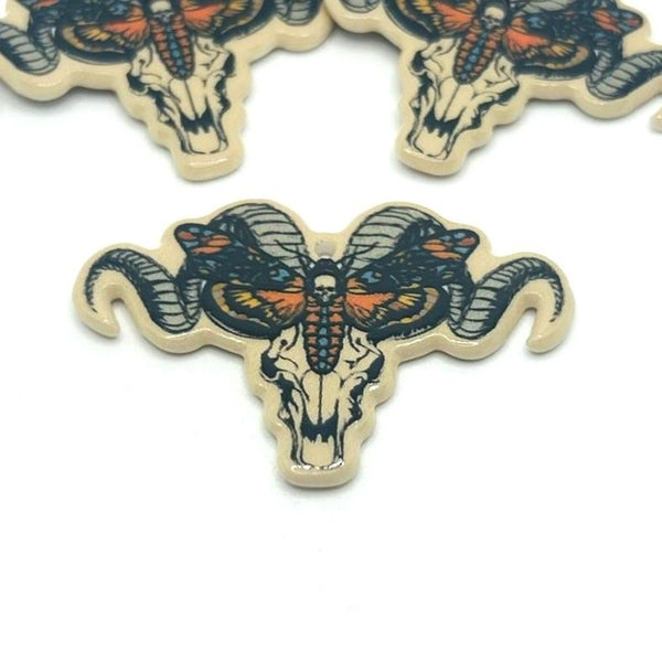 1, 4 or 20 Pieces: Orange and Black Ram Skull with Death's Head Moth Charms - Double Sided