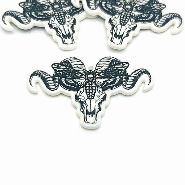 1, 4 or 20 Pieces: White and Black Ram Skull with Death's Head Moth Charms - Double Sided