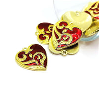 1, 4 or 20 Pieces: Gothic Red and Gold Heart Pendant Charms