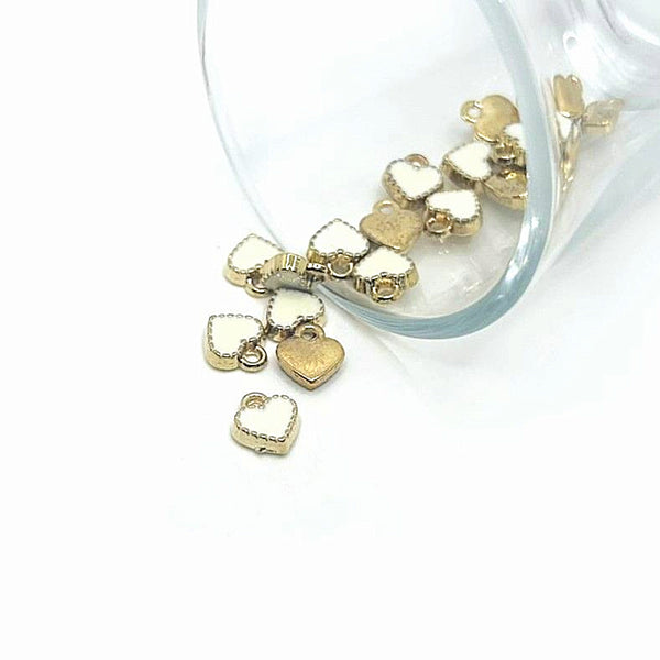 4, 20 or 50 Pieces: Tiny White and Gold Enamel Heart Charms