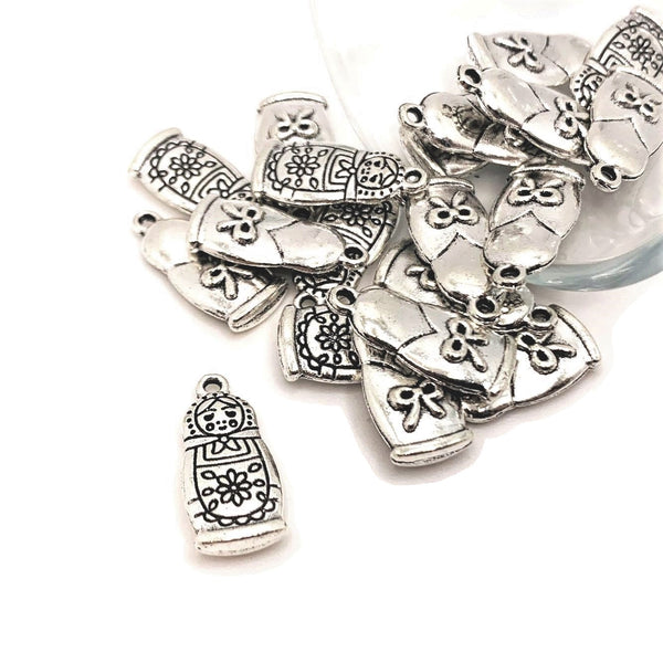 4, 20 or 50 Pieces: Silver Russian Nesting Doll Charms, Matryoshka Charms