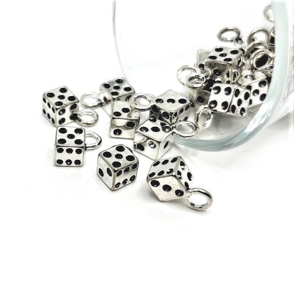 4, 20 or 50 Pieces: Silver Dice Gambler 3D Charms