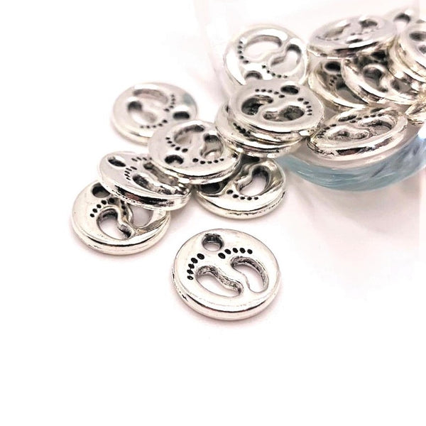 4, 20 or 50 Pieces: Silver Baby Feet Circle Charms - Double Sided