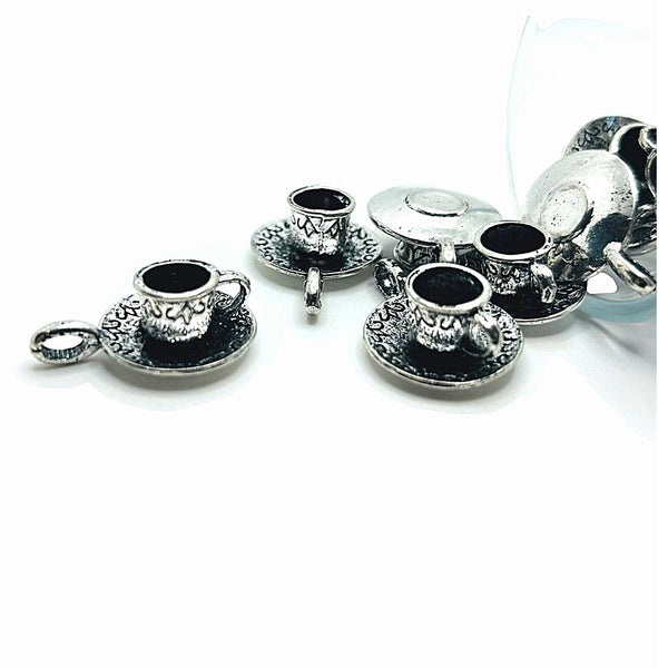 4, 20 or 50 Pieces: Silver Cup and Saucer 3D Charms