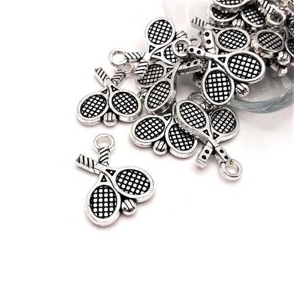 4, 20 or 50 Pieces: Silver Tennis Racket Charms, Double Sided