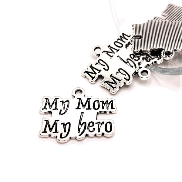 4, 20 or 50 Pieces: Silver Mother's Day My Mom My Hero Charms