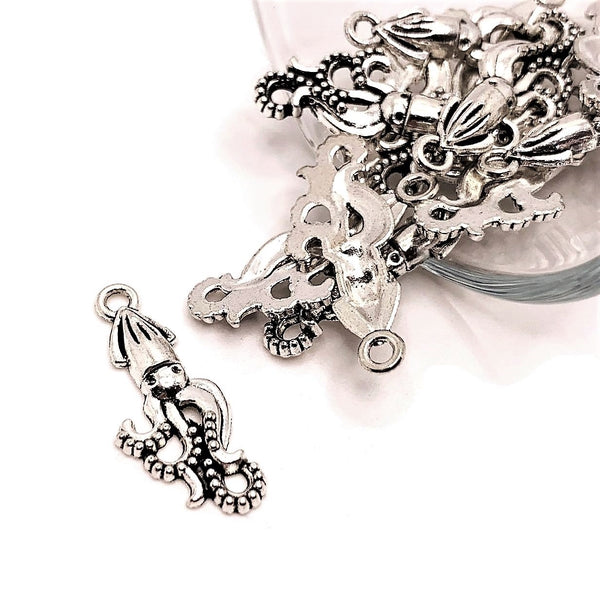 4, 20 or 50 Pieces: Small Silver Squid Charms