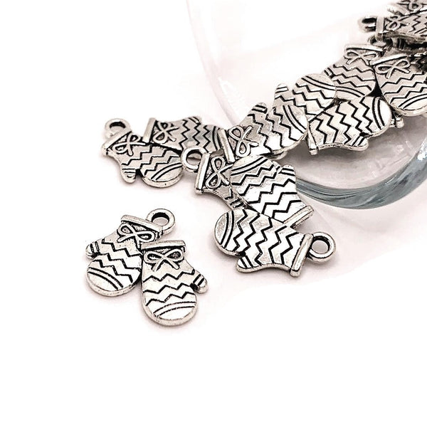 4, 20 or 50 Pieces: Silver Mitten Christmas Glove Charms - Double Sided
