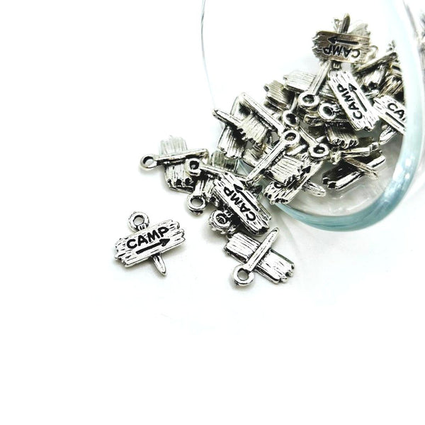 4, 20 or 50 Pieces: Silver Camp Sign Charms