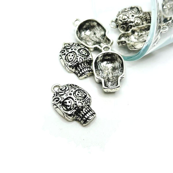 4, 20 or 50 Pieces: Silver Sugar Skull Dia De Los Muertos 3D Charms