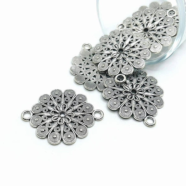 4, 20 or 50 Pieces: Silver Flower Mandala Connector Charms