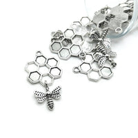 4 or 20 Pieces: Silver Honeycomb Charms with Hanging Bee