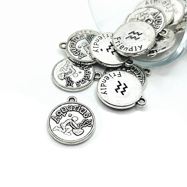 1, 4 or 20 Pieces: Silver Aquarius Zodiac/Astrology Coin Charms, Double Sided