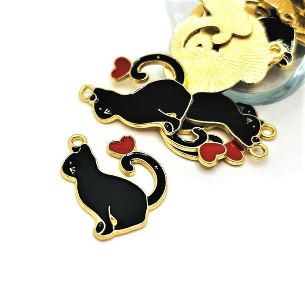 1, 4, 20 or 50 Pieces: Black Enamel Cat with Heart Charms