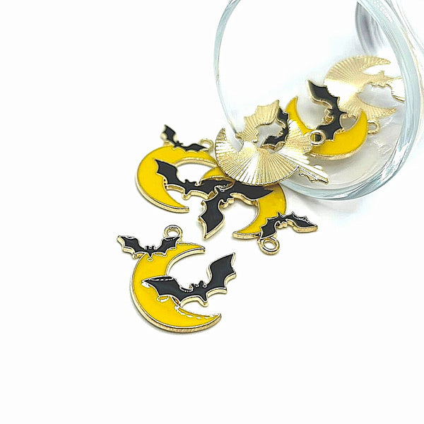 4, 20 or 50 Pieces: Enamel Crescent Moon and Bat Halloween Charms