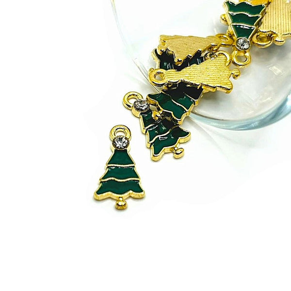 4, 20 or 50 Pieces: Green Enamel and Gold Rhinestone Christmas Charms