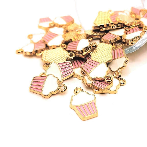 4, 20 or 50 Pieces: Pink and White Enamel Cupcake Baker Charms