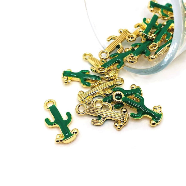 4, 20 or 50 Pieces: Green and Gold Saguaro Cactus Charms - Double Sided