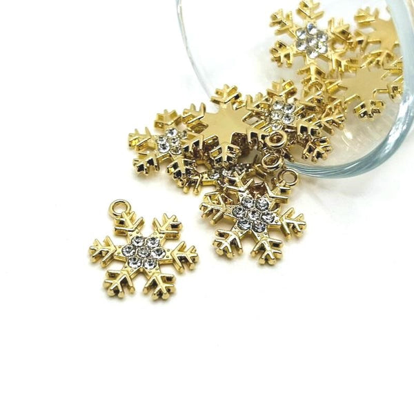 1, 4, 20 or 50 Pieces: Gold Toned Rhinestone Snowflake Charms