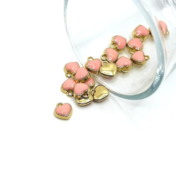 4, 20 or 50 Pieces: Tiny Pink and Gold Enamel Heart Charms