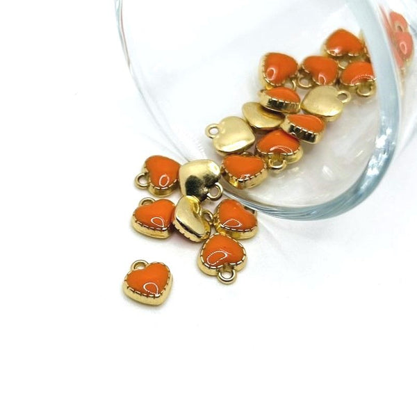 4, 20 or 50 Pieces: Tiny Orange and Gold Enamel Heart Charms