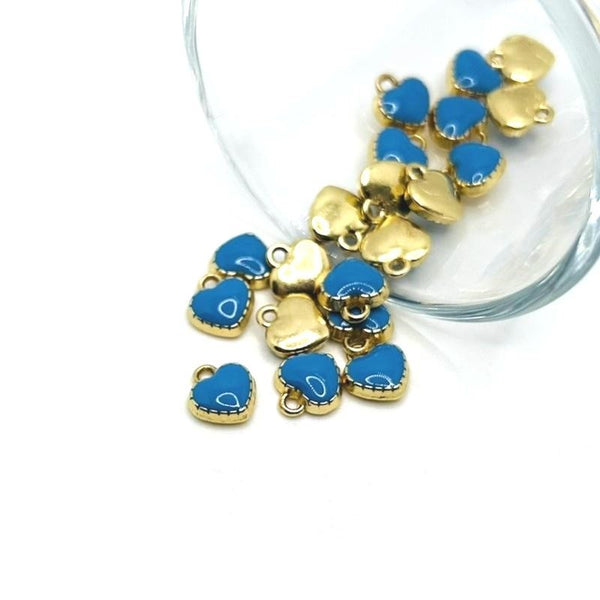 4, 20 or 50 Pieces: Tiny Blue and Gold Enamel Heart Charms