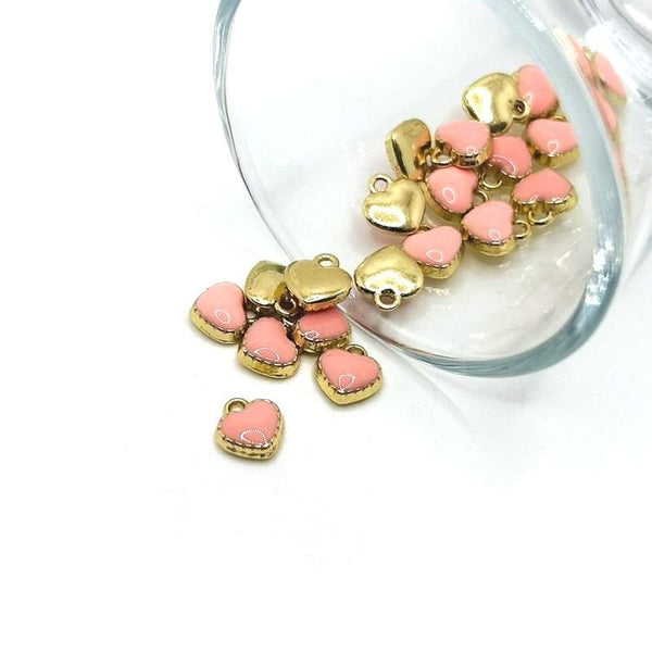 4, 20 or 50 Pieces: Tiny Pink and Gold Enamel Heart Charms