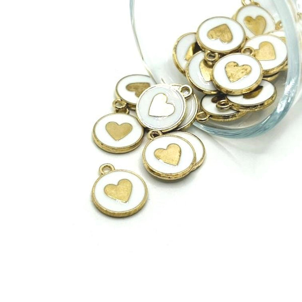 1, 4, 20 or 50 Pieces: White and Gold Round Heart Charms - Double Sided