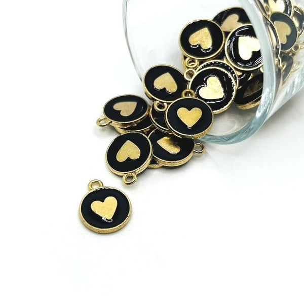 1, 4, 20 or 50 Pieces: Black and Gold Round Heart Charms - Double Sided