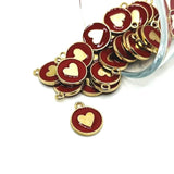 1, 4, 20 or 50 Pieces: Red and Gold Round Heart Charms - Double Sided