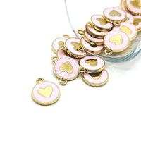 1, 4, 20 or 50 Pieces: Pink and Gold Round Heart Charms - Double Sided