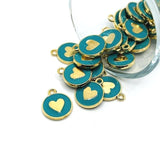 1, 4, 20 or 50 Pieces: Aqua Blue and Gold Round Heart Charms - Double Sided