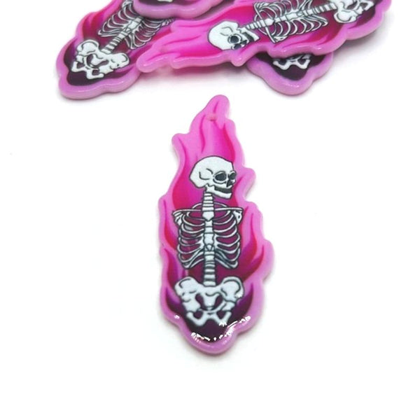 1, 4 or 20 Pieces: Pink Flame Skeleton Halloween Charm - Double Sided