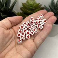 100 Pieces: Red and White Square Heart Beads