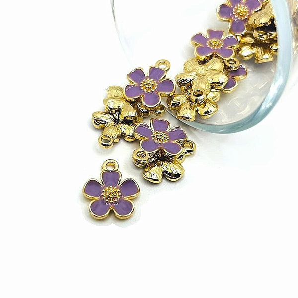 4, 20 or 50 Pieces: Purple and Gold Flower Charms