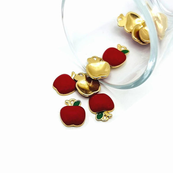 4, 20 or 50 Pieces: Red Enamel and Gold Apple Charms