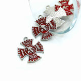 1, 4 or 20 Pieces: Red and Silver Fire Department Rhinestone Pendant Charms