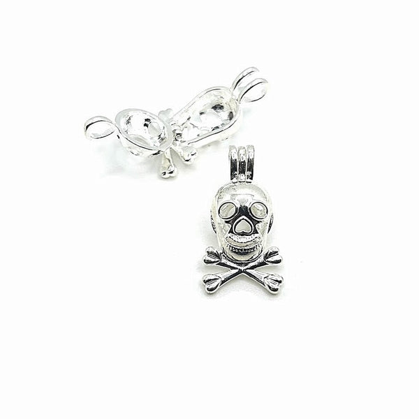4 or 20 Pieces: Silver Plated Skull and Crossbones Bead Diffuser Lockets
