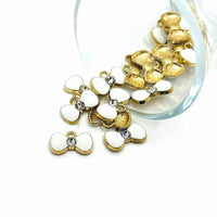 4, 20 or 50 Pieces: Small White and Gold Bow Charms with Rhinestone