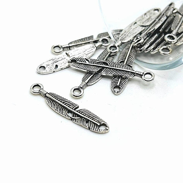 4, 20 or 50 Pieces: Silver Feather Connector Charms